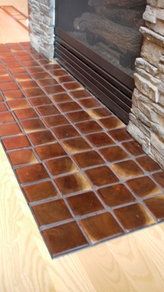 end grain walnut tiles fireplace hearth made of walnut custom for client of Terrawood 