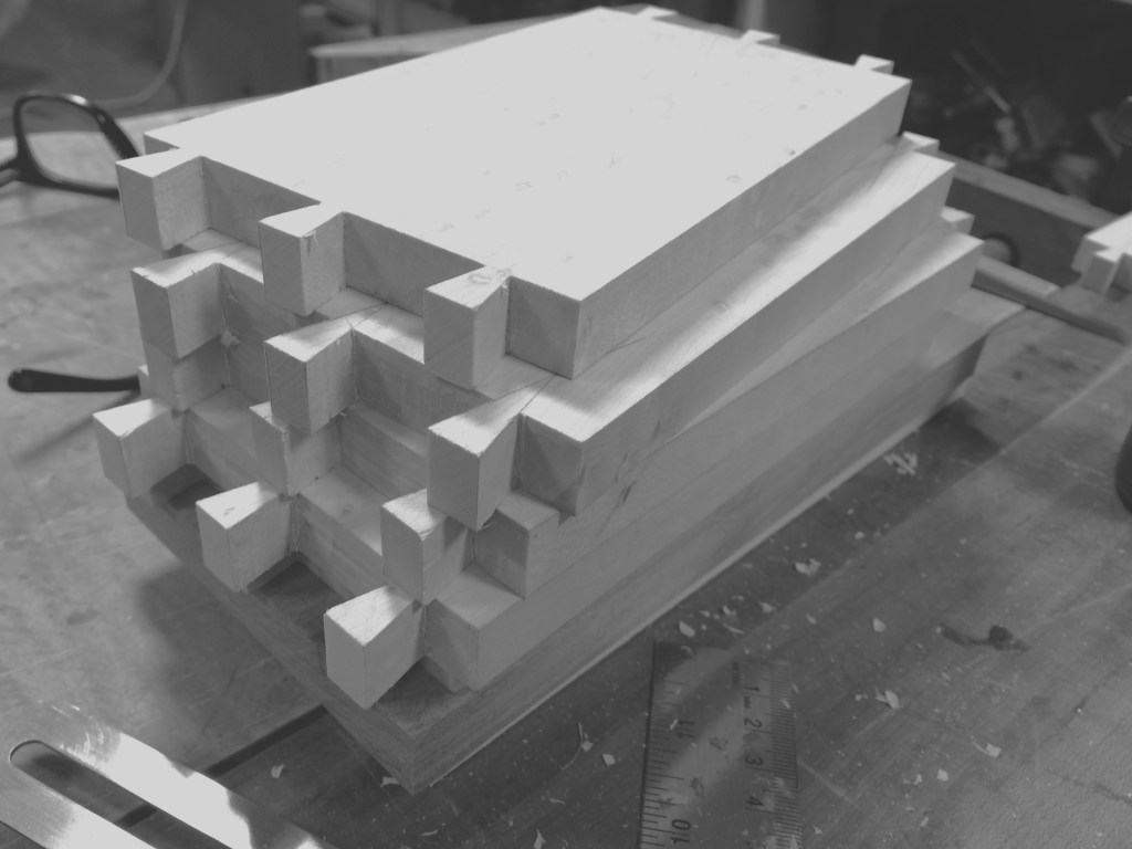 stack of 4 Birdseye maple drawer sides with prepared hand cut joinery