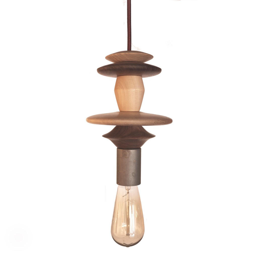 Pendant light with unique large shapes and designs turned on lathe by American maker.